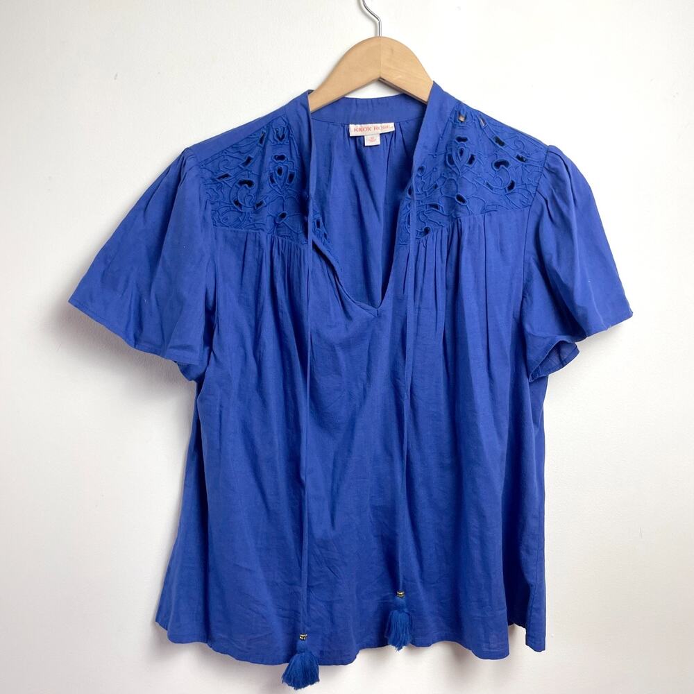Boho Tassel Tie Peasant‎ Blouse Medium Cobolt Blue Embroidered Romantic Dopamine